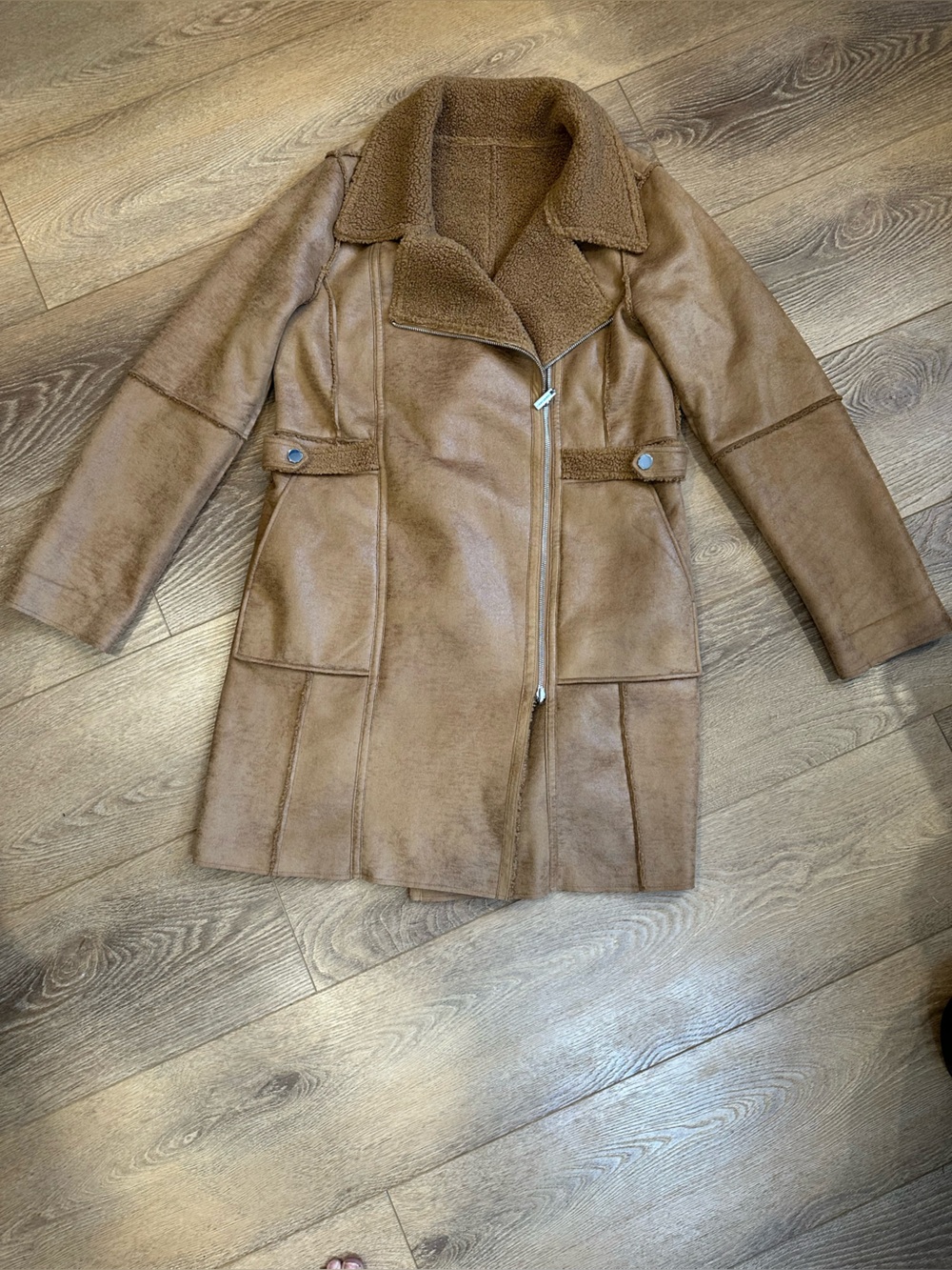 Nikki Jones reversible faux suede/shearling long moto style coat - Picture 7 of 14